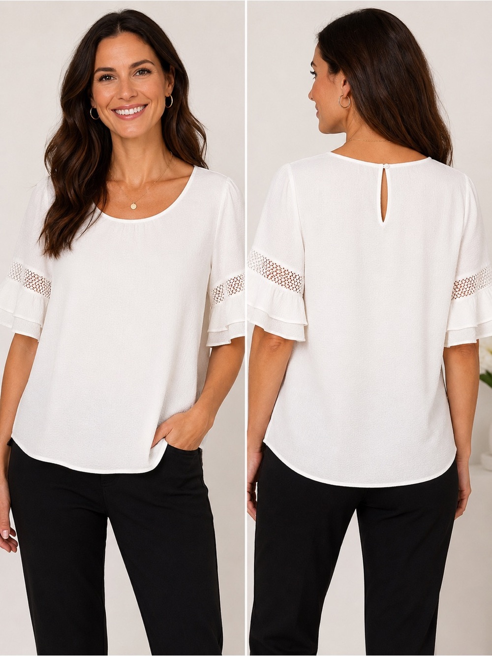 Pleione White Textured Ruffle-Sleeve Blouse